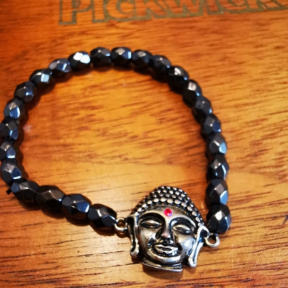 Stretch Faceted Hematite and Brushed Silver Tone Buddha Bracelet - Picture 3 of 12